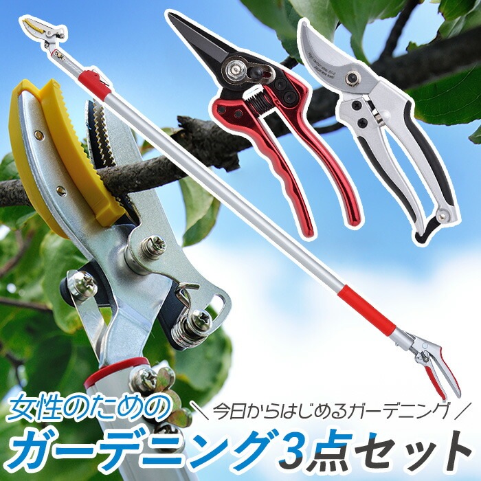 レディース園芸3点セット 3段伸縮式高枝切鋏 芽切鋏 小 剪定鋏 中 高枝切りバサミ 超軽量 伸縮