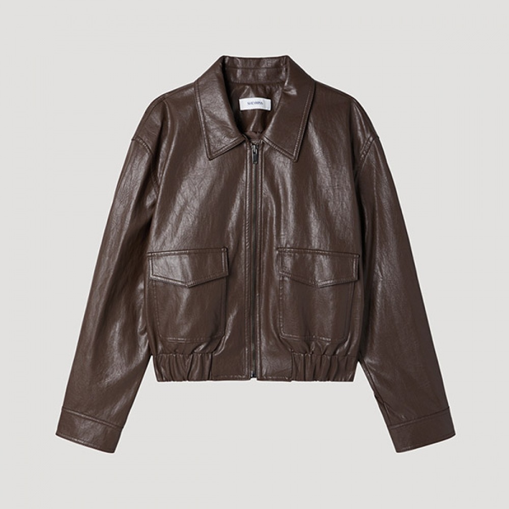 [SHS MISS] フェイクレザーバンディングフラップポケットジャンパー_SWWJPP12050_BR