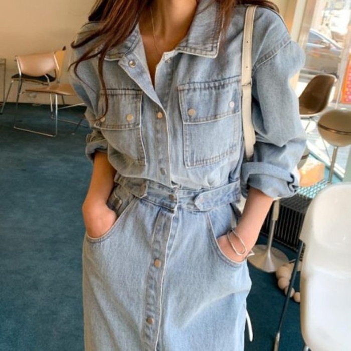 2024年 春夏 秋冬 ウォッシュ デニム タイト ワンピース フロントスリット デニムワンピース