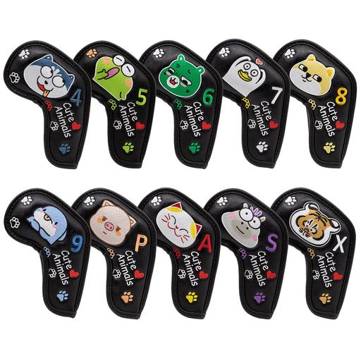 ゴルフアイアンカバー 10枚セット,キュートアニマル ゴルフアイアン用ヘッドカバー ロングネックタイプ用 PUレザー製ー 防水可 マジックテープ開閉 (カラフル動物-黒)