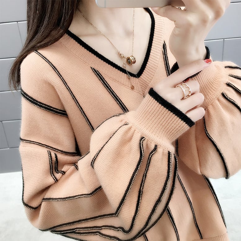4color レディース パイピングニット プルオーバー ストライプジャカードVネックニット