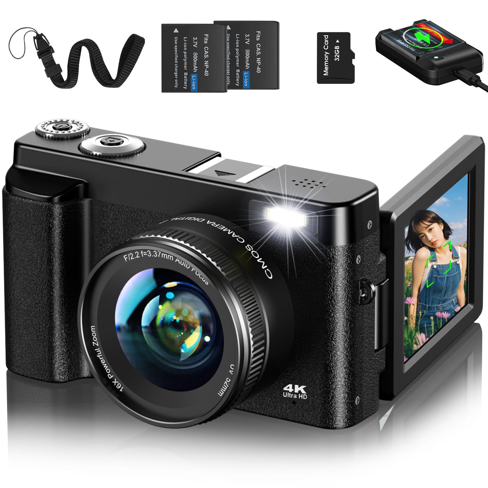 デジカメ 4K デジタルカメラ 32GBマイクロSDカード付き オートフォーカス機能 180度回転可能ディスプレイ 4800万画素 16倍ズーム 手振れ補正 Webカメラ 自撮りカメラ 3インチ大画面