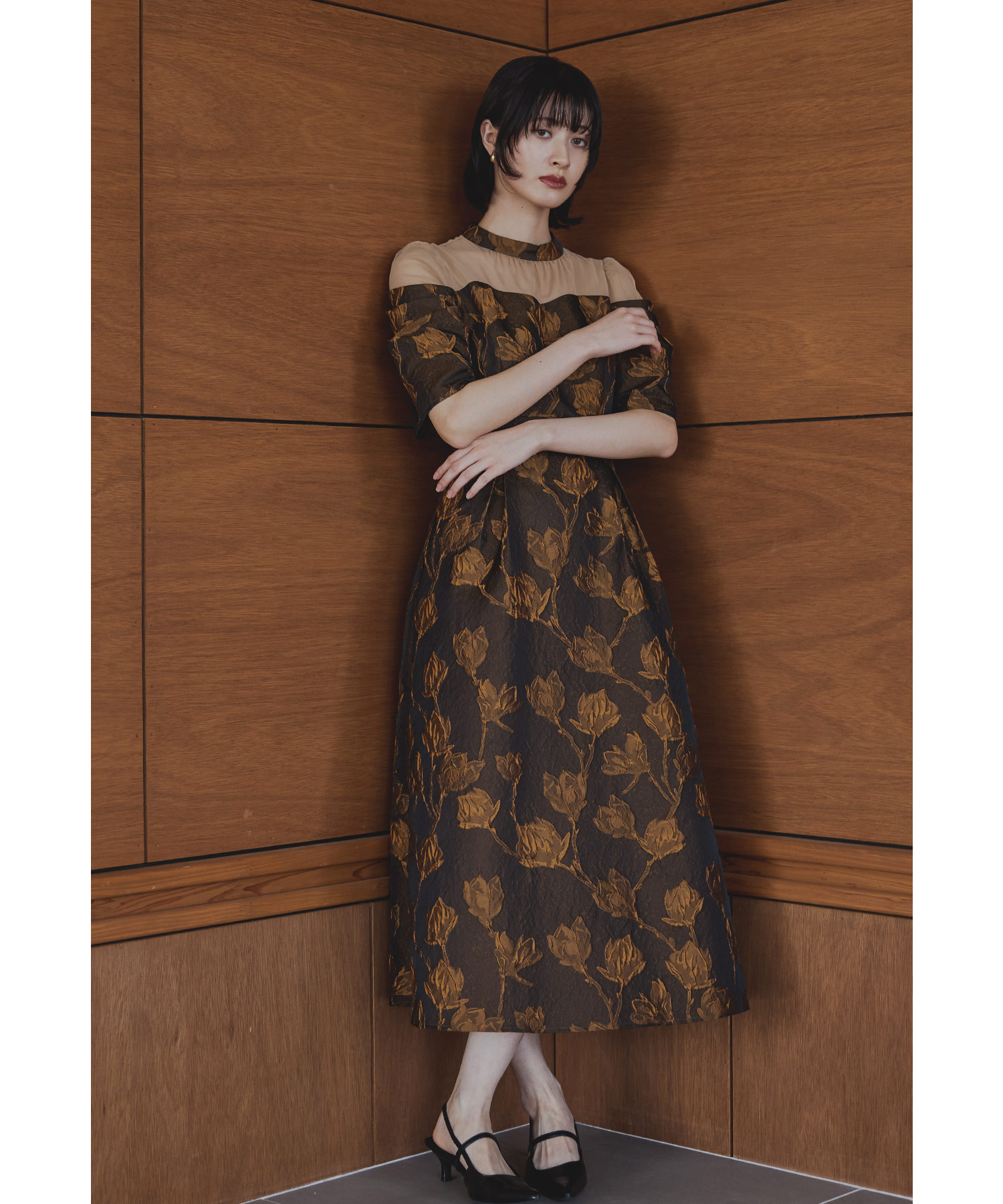 フラワージャガードフレアドレス パーティードレス 結婚式 ワンピース オフショルダー 花柄 チュール シアー タック ボリューム袖 半袖 ロング丈 お呼ばれ パーティー 二次会 披露宴 謝恩会