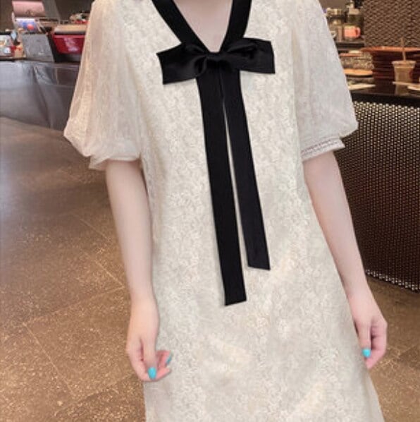ワンピース ドレス レディース ショート 半袖 リボン パフスリーブ ガーリー かわいい 大人可愛い きれいめ シンプル カジュアル 大人 上品 おしゃれ 無地 夏 ママ デート お出かけ リゾート