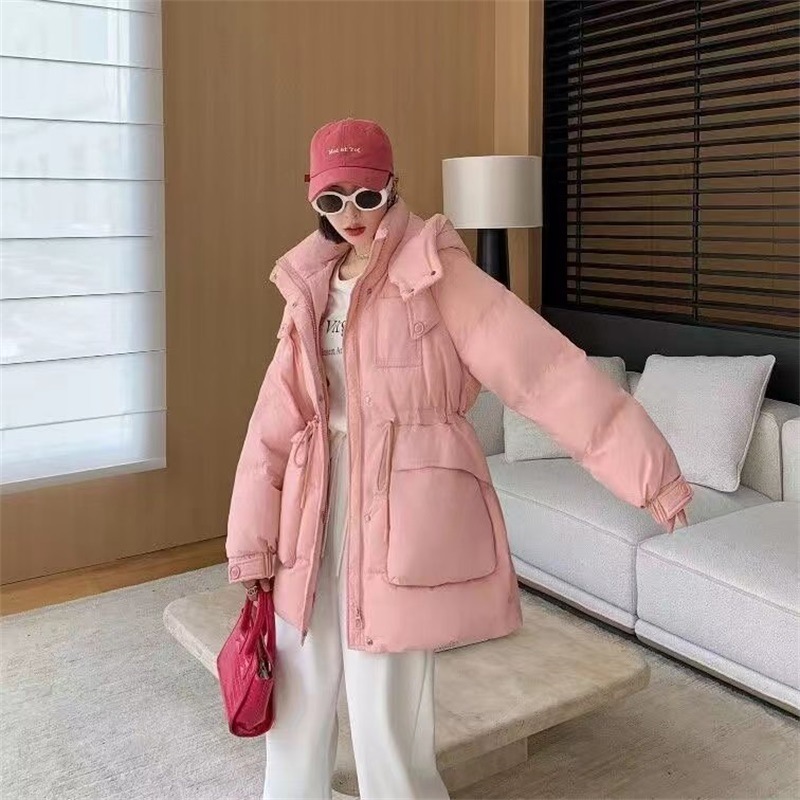2025キャンディー色ダウンジャケット女中長タイプ韓版カジュアルフード付き大ポケットロープを引いて腰を下げて保温コート女