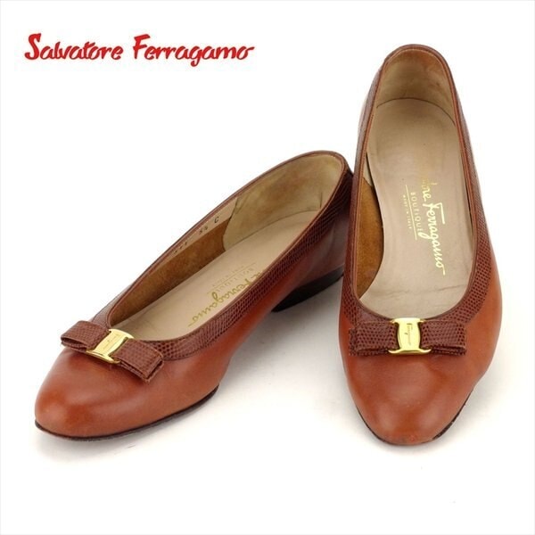 パンプス シューズ 靴 ヴァラリボン 5ハーフC ブラウン ゴールド 中古