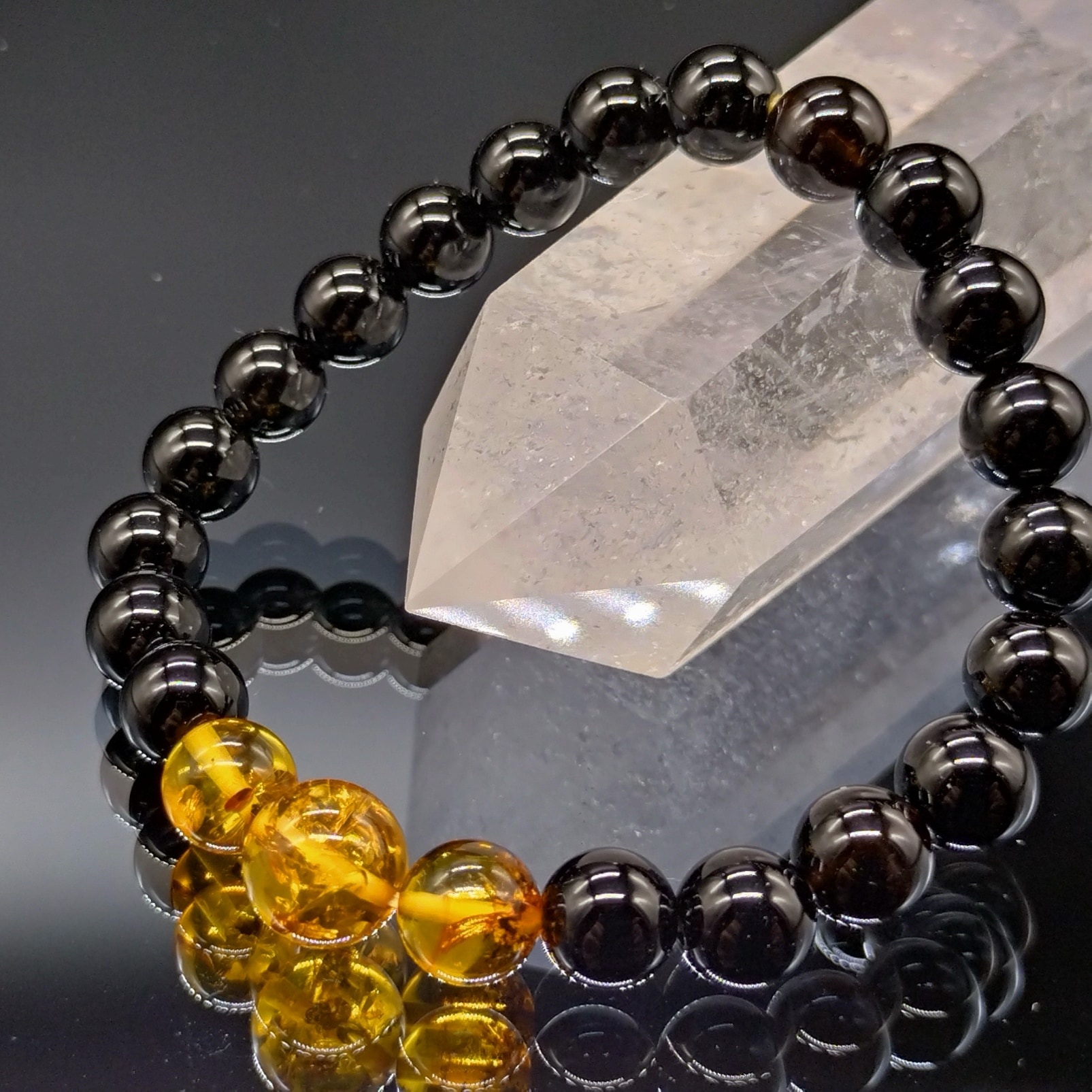 モリオン アンバー 琥珀 8mm 3連 親玉10mm ブレスレット パワーストーン 天然石