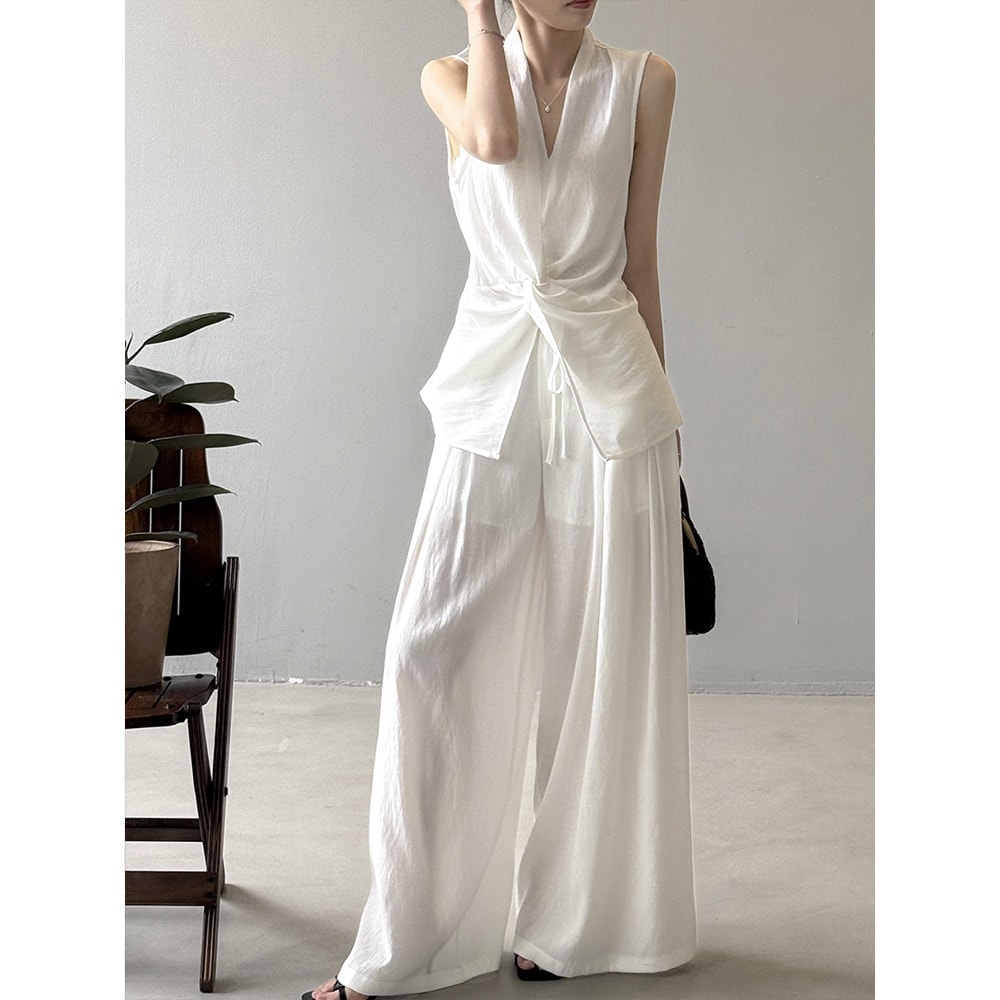 2025 夏 セットアップ デザイン感 ノースリーブ ブラウス サマー気質 トップス ワイドパンツ ロングパンツ レディース