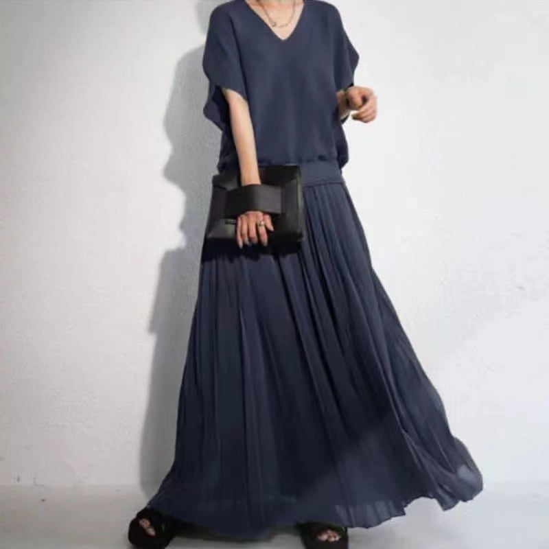 【輝いて超人気】 切り替え レイヤードファッションVネックギャザー無地マキシワンピース