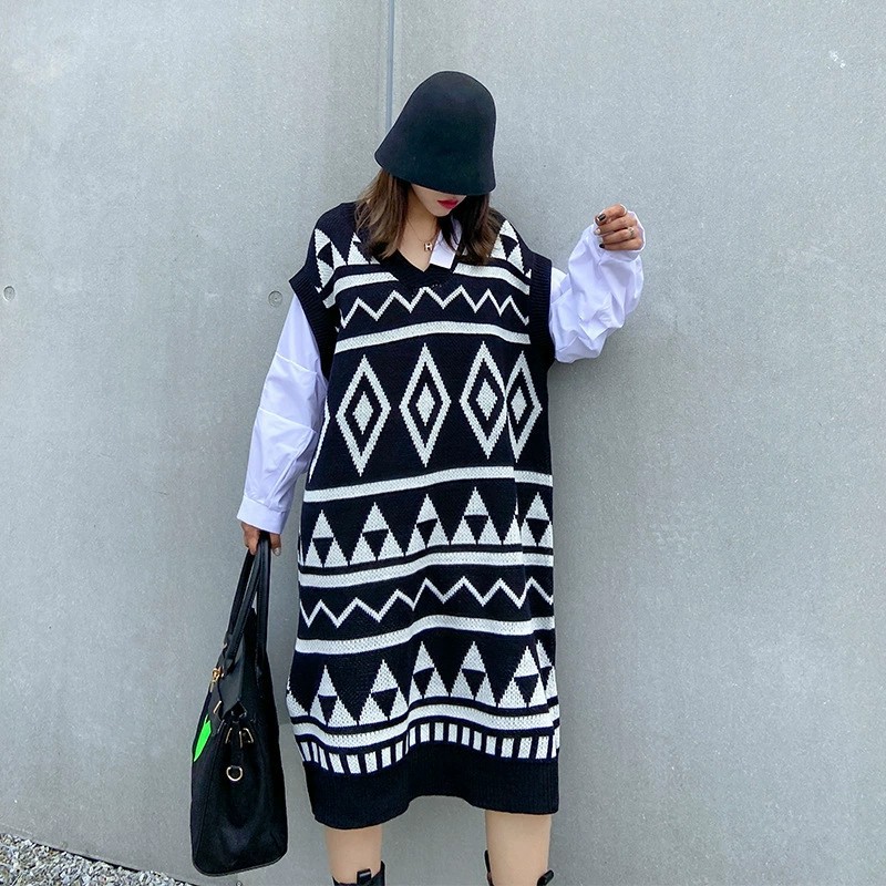 【Noir Mode】高級感溢れる 上品 Vネック ニットワンピース レディース ゆったり スプリット シャツ 長袖 ワンピース