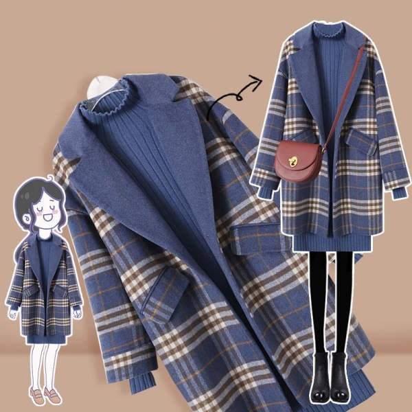 【人気沸騰】 ファッション チェック柄 アウター + 無地 ワンピースセット