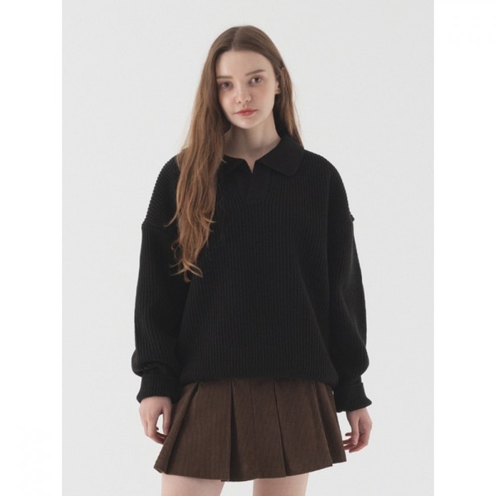 (Pianer) オープンカラーオーバーフィットハートニット (ブラック)