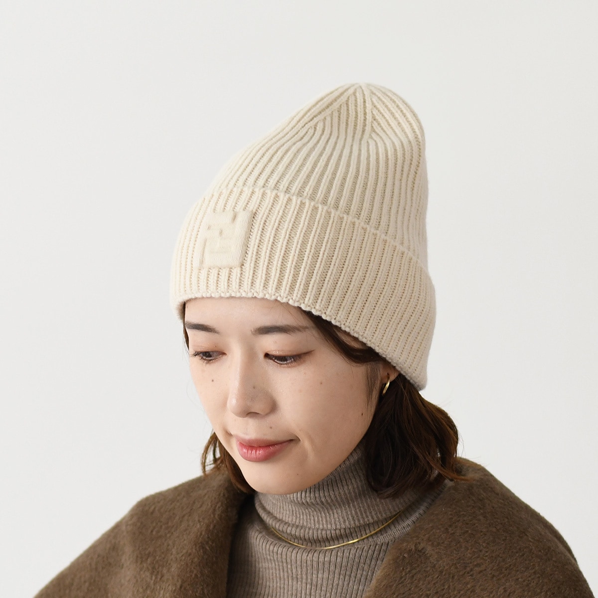 ニット帽 ニットキャップ ビーニー 帽子 FXQ939ASG2 レディース ホワイト ベージュ ウール カシミア FFモチーフ