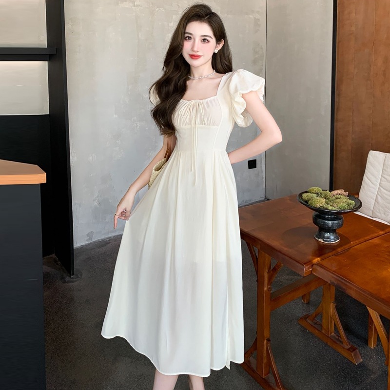 ワンピース ドレス ワンピースドレス ワンピドレス プルオーバー ミモレ ロング ボリューム袖 パフスリーブ フレアスリーブ バルーン袖 スクエアネック フレア セミフレア 背中開き フェミニン