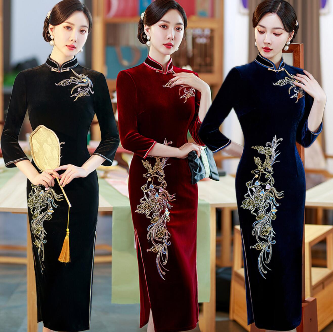 ベルベット ロング丈 チャイナドレス ママドレス ママの日 スパンコール 花刺繍 マキシ丈 七分袖 チャイナドレス 秋冬向け 厚手 弾力 中華ドレス チャイナ ワンピース 美シルエット 黒 ワインレッ