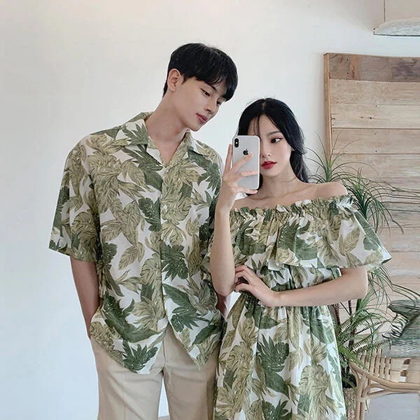 ペアルック カップル ス 半袖 グリーン シャツ かわいい メンズ レディース 風 綿 新婚旅行 シャツ ご夫婦 お誕生日 プレゼント 恋人 S/M/L/XL/2XL dd028x2x2g