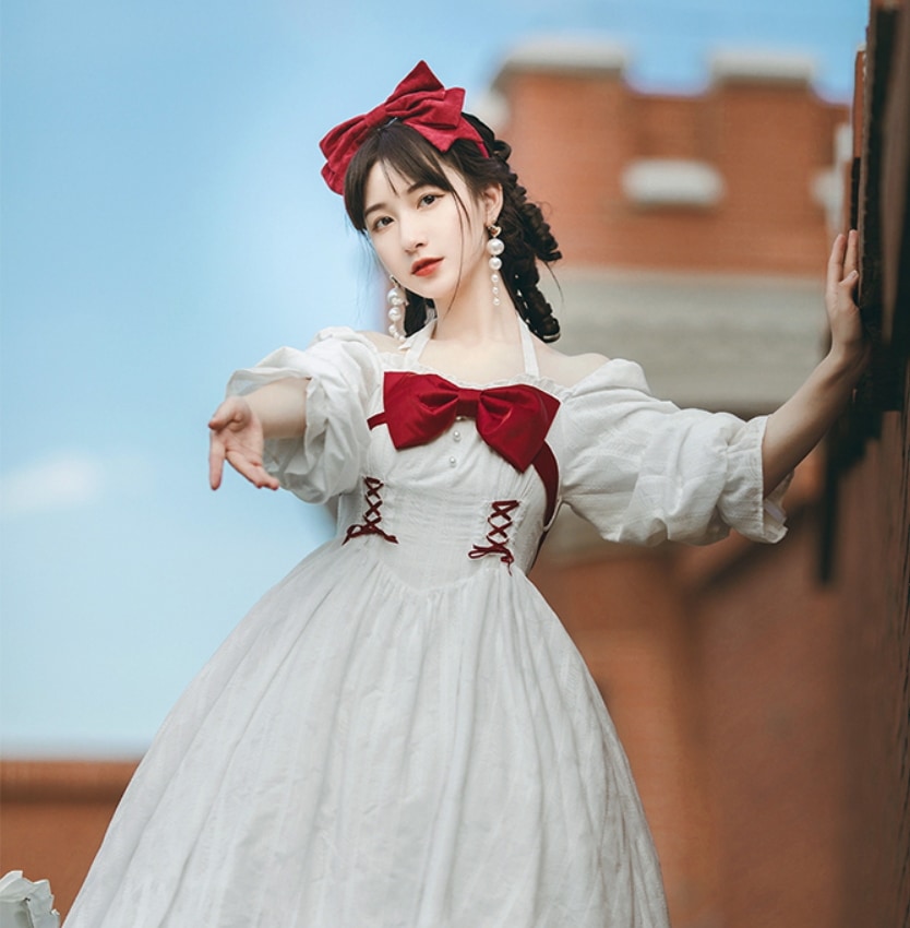 ワンピース ワンピドレス 膝丈 ひざ丈 袖あり 長袖 袖コンシャス スクエアネック オフショルダー オフショル フリル リボン ウエストマーク ハイウエスト 透け感 かわいい レトロ ラブリー