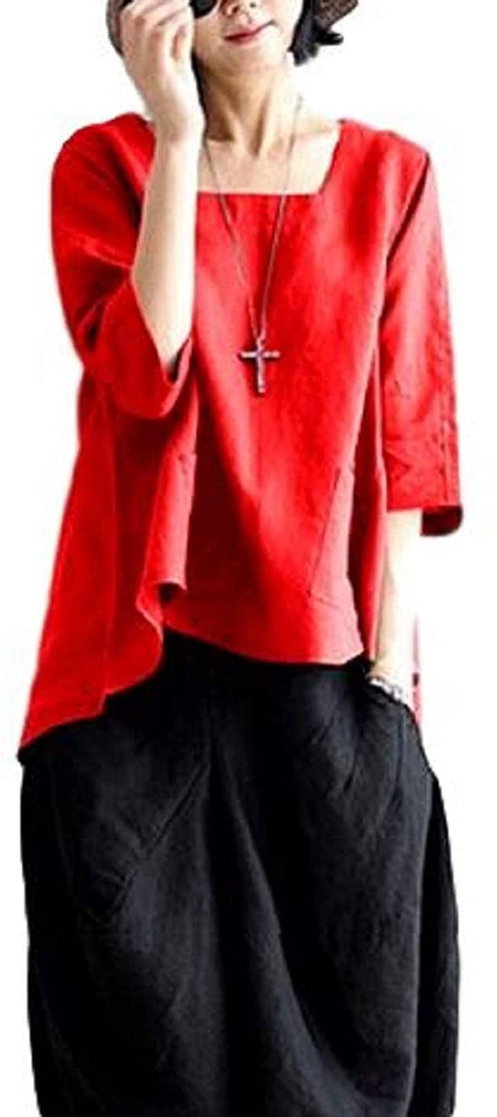 正規品 ニブンノイチスタイル 襟なし 大人 無地 綿麻 七分袖 シャツ 赤， ブラウス レディース 最大57%OFFクーポン とろみ