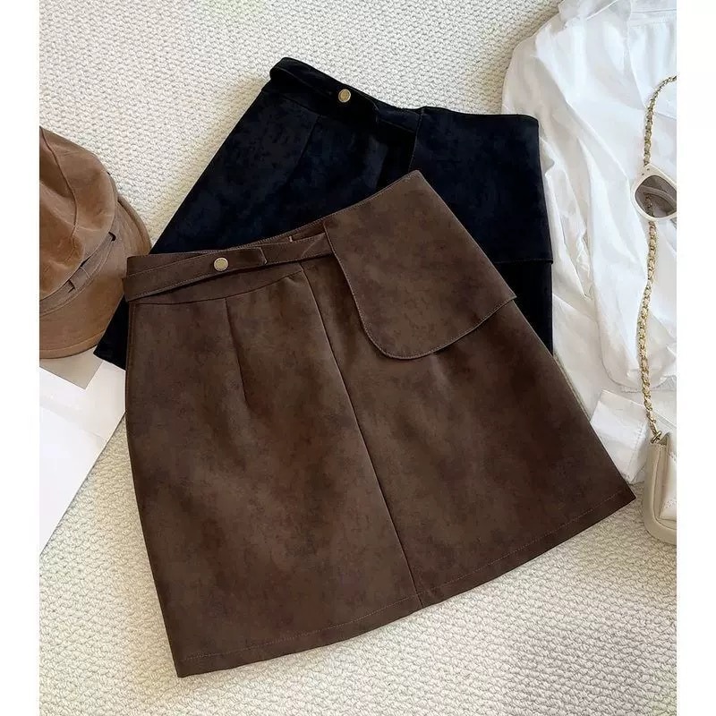 European Fashion Suede Skirt Women s Short Skirt 2025 Autumn New Versatile Slimming Look Short Hip S