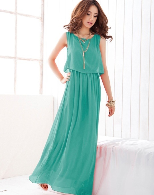 1742.ノースリーブシフォンマキシ丈ワンピース（グリーン）2019 春夏 sale ビーチ リゾート 海 お呼ばれ 女子会 デート パーティー 100,000円