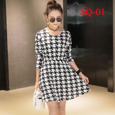 1029.お出かけやデートにも 韓国風長袖ワンピース（千鳥柄）