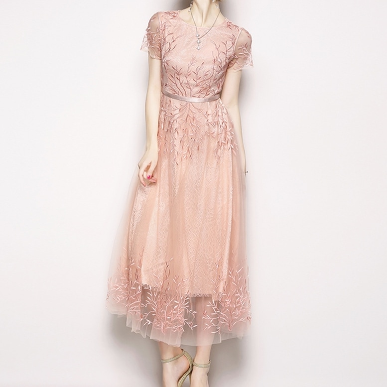 ドレス ワンピース レディース ロングワンピース 刺繍レース フレアワンピース チュール