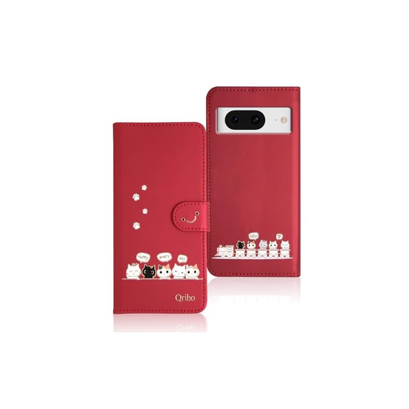 Qribo Google Pixel 8 ケース 手帳型 ピクセル8 ケース Pixel8 ケース シンプルなのに可愛いデザイン エンボス加工猫柄 うれしい気持ち 6.17インチ対応 グーグルピクセル