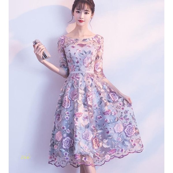 パーティードレス 袖あり レース 花嫁 ワンピース ウェディングドレス 着痩せ 二次会 大きいサイズ 結婚式 ロング 披露宴 刺繍 お呼ばれ 花柄 20代30代40代