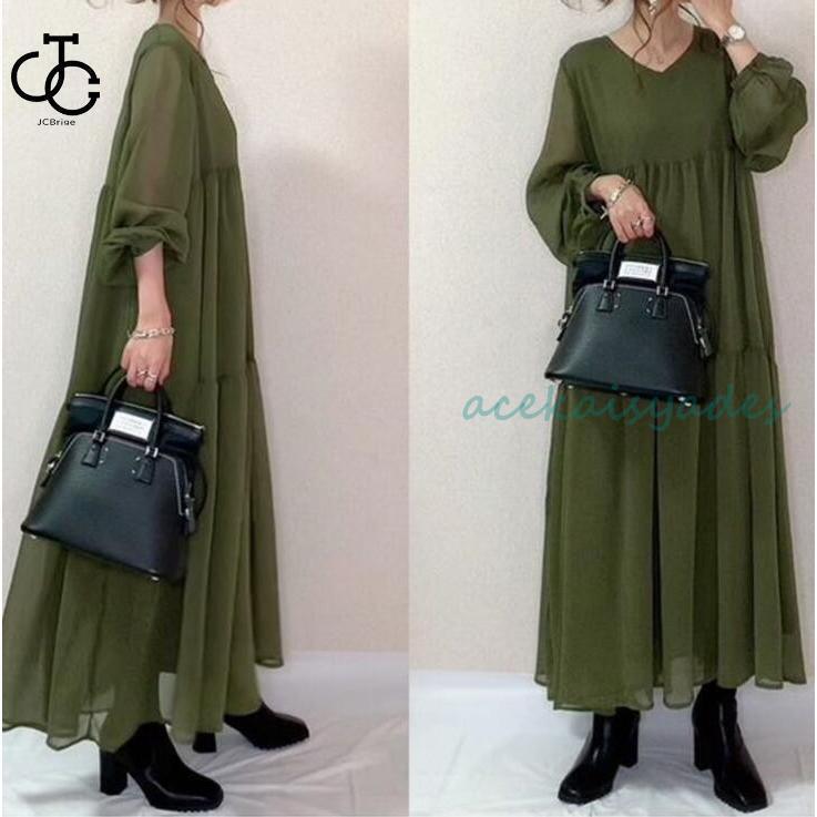 ワンピース ロングワンピース レディース 夏 春 秋 マキシワンピース 長袖 ボリューム袖 Vネック 無地 緑 ロングワンピース きれいめ ギャザー OL通勤