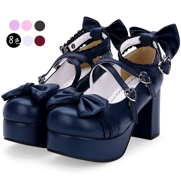 全8色 ロリータ靴 厚底 メイド靴 レディース パンプス かわいい 大きいサイズ お嬢様 女の子 リボン付き 合皮 PU コスチューム 演奏会 文化祭 イベント 舞台 ピンク エナメル 黒 白 紫 赤