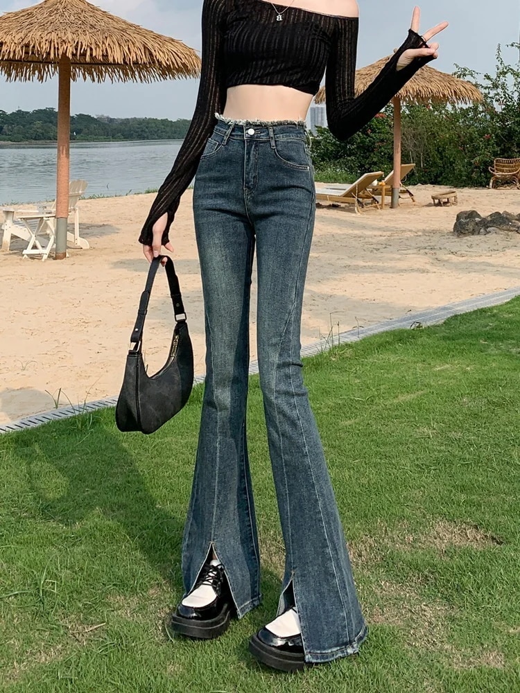 生エッジスプリットヴィンテージジーンズ女性ユニークなシックなlスキニーマイクロフレアパンツハイウエストデザインロングパンツ