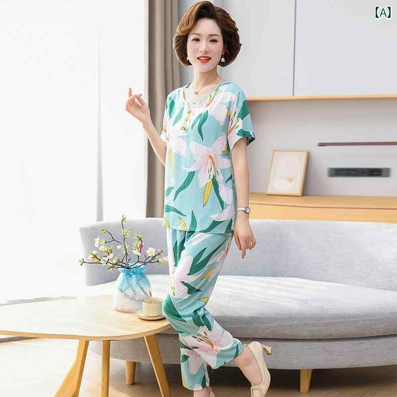 ルームウェア 部屋着 レディース 半袖 婦人 ミセス コットンシルク パジャマ 夏 スーツ 屋外 大きいサイズ