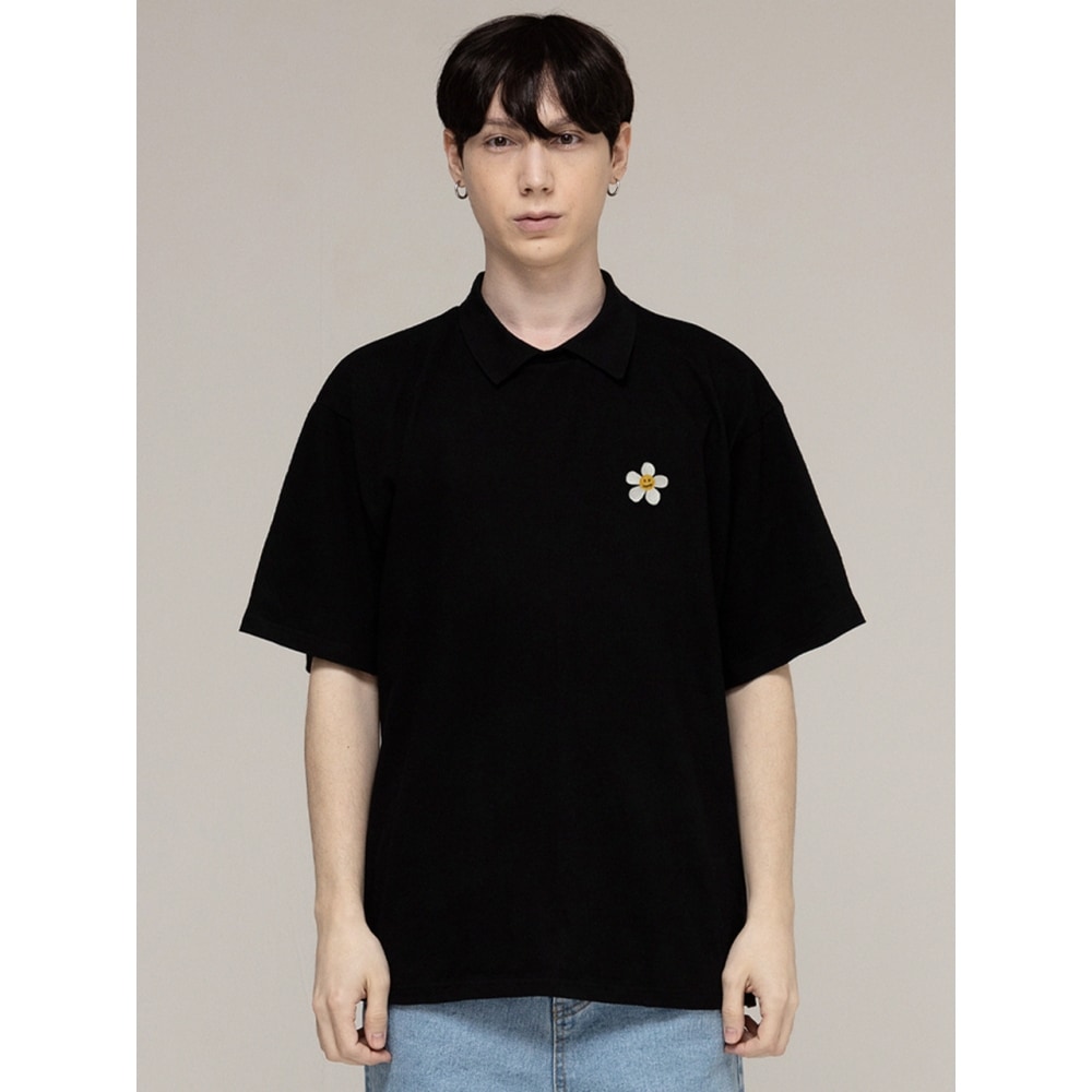 GRAVER ホワイトフラワースマイルエンブロイダリーカラー半袖Tシャツ 5color