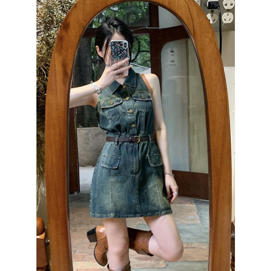 デニムワンピース レディース 夏 ノースリーブ ミニ丈 aライン ハイウエスト レトロ おしゃれ きれいめ カジュアル 着せ 4,680円