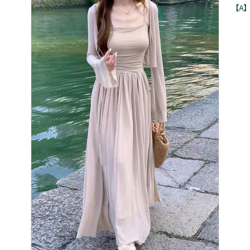 ワンピース ドレス レディース 江南 柳 霞 風の 優しい スリム サスペンダー スカート ドレス 日焼け 止め カーディガン ロング ツーピース セット