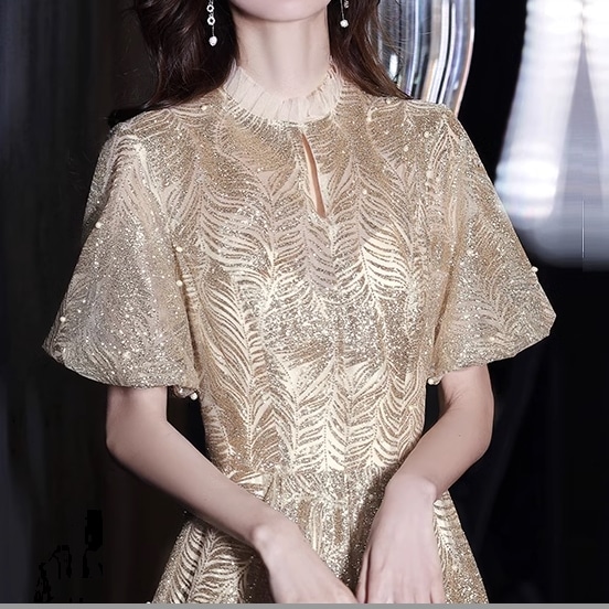 レディース 衣装 ドレス ロングドレス ワンピース ロングワンピース 演奏会 ステージドレス 結婚式ドレス ロング丈 半袖 ボリューム袖 フレア ウエストマーク ラメ ビジュー かわいい