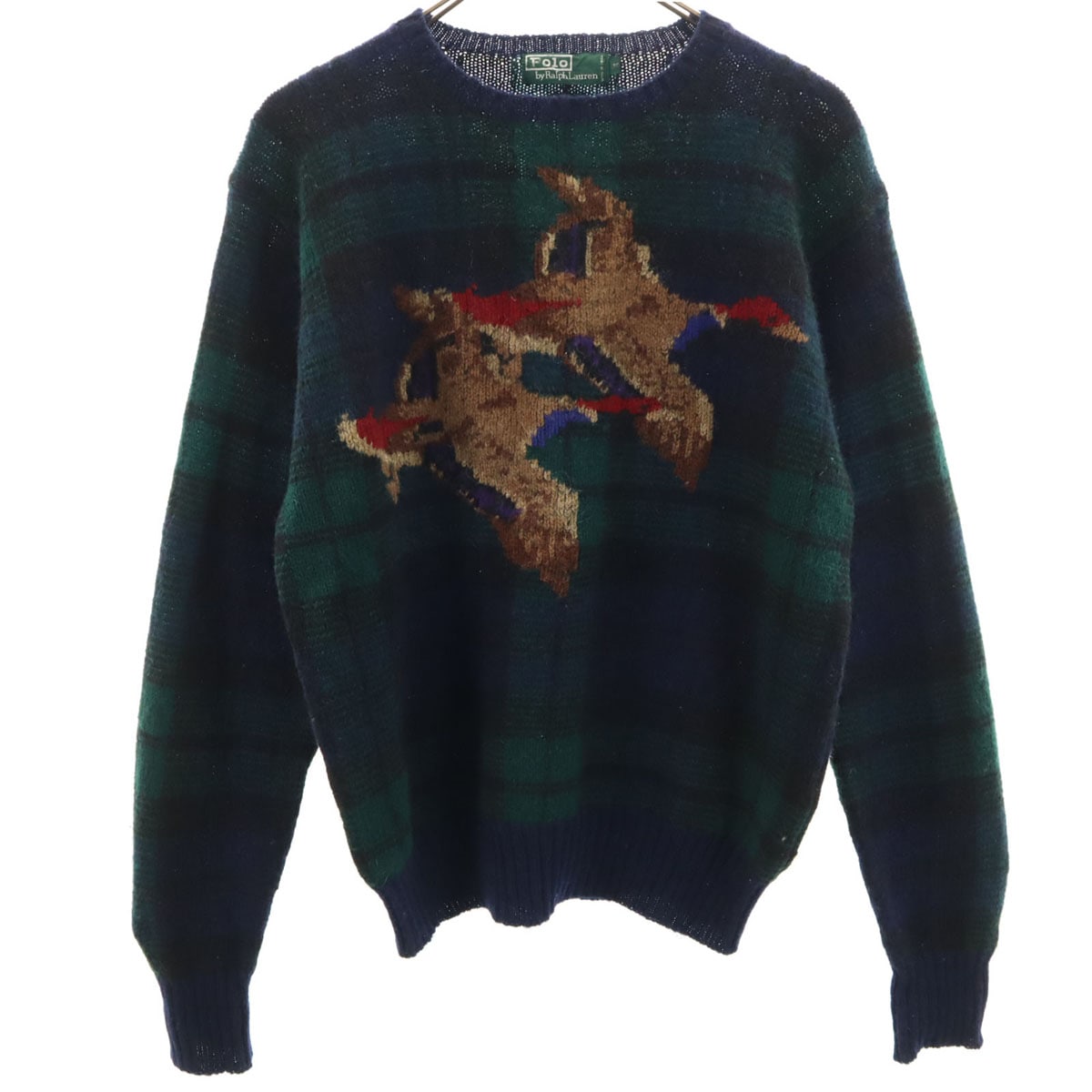 Polo by Ralph Lauren ポロバイラルフローレン 80s 緑タグ ヴィンテージ ボーイズ ブラックウォッチ 長袖 セーター 170 ネイビー ニット キッズ 古着