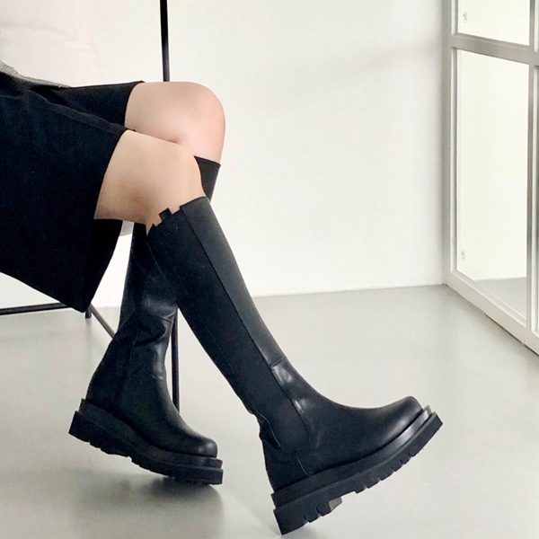 送料0円!韓国ファッション 丸い鼻の厚底 チェルシー ロングブーツ 5cm(sh239)