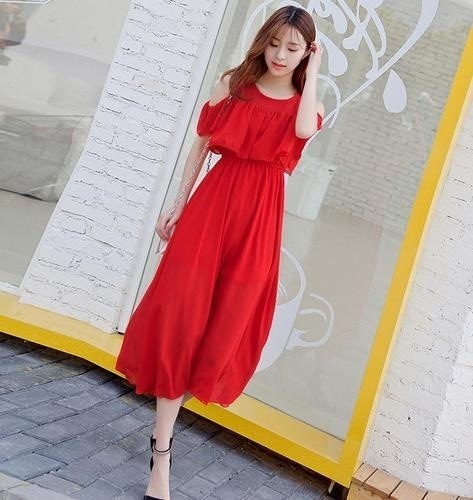 1442.花柄シフォンロングワンピース（レッド） オフショルワンピ 肩出しワンピース フレアワンピース Aラインワンピース フリル レディース ミドル丈 2019 春夏 sale