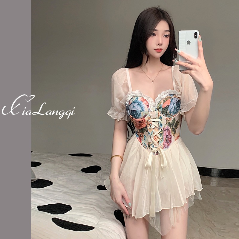 女性用水着2024年夏新作ワンピーススカートスタイルセクシーレースハイエンドアンダーワイヤープッシュアップ温泉旅行水着