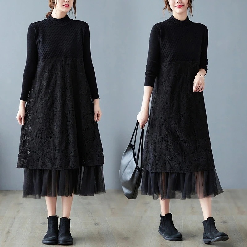 春夏 レース 切り替え ワンピース ゆったり 着痩せ ロングワンピース 長袖ワンピース レディース30%制限