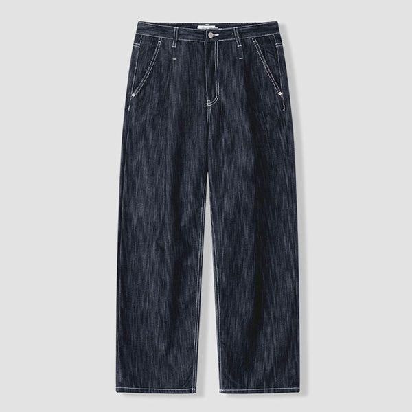 メンズ ピンタック ノンフェイド ステッチ ワイド デニム パンツ AS JES Q014 黒청_P422602209