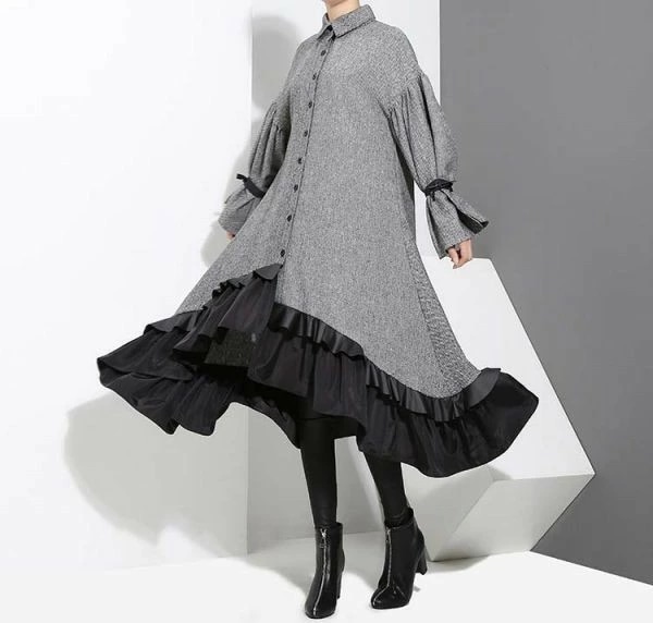New type追加！ ワンピース 長袖 ロング フレア ツイード シャツワンピ フィッシュテール ゴシック 秋冬66