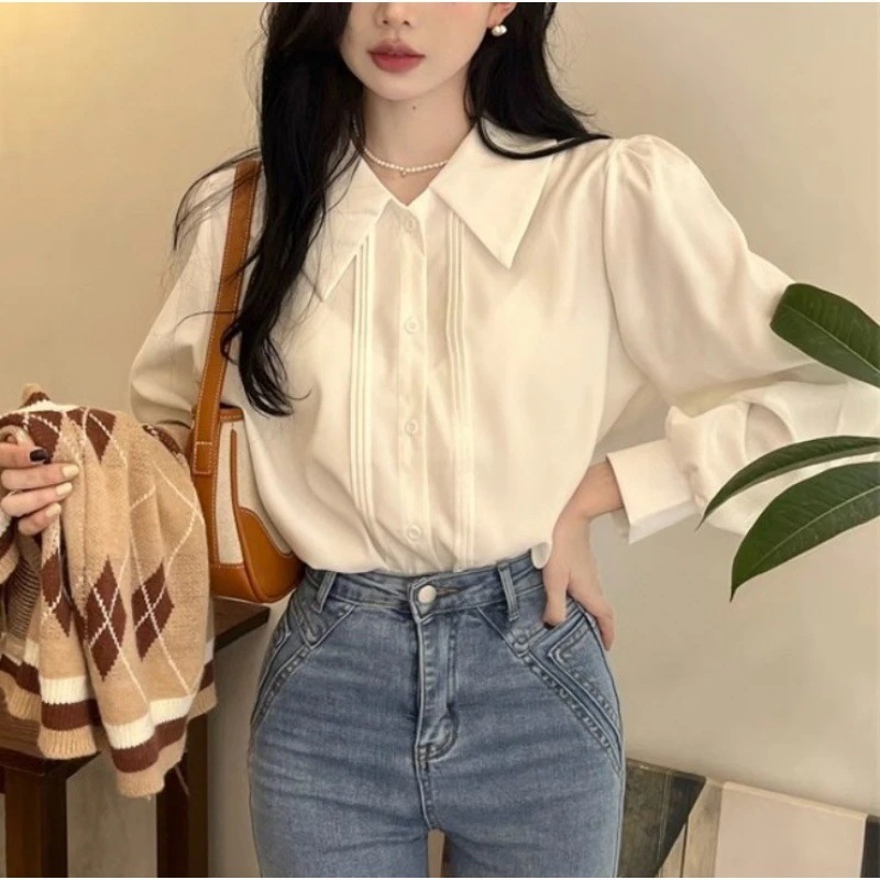【1つ買うと10つ無料】春と秋の女性のためのハイエンドの白いシャツ長袖シャツ汎用性とシックな