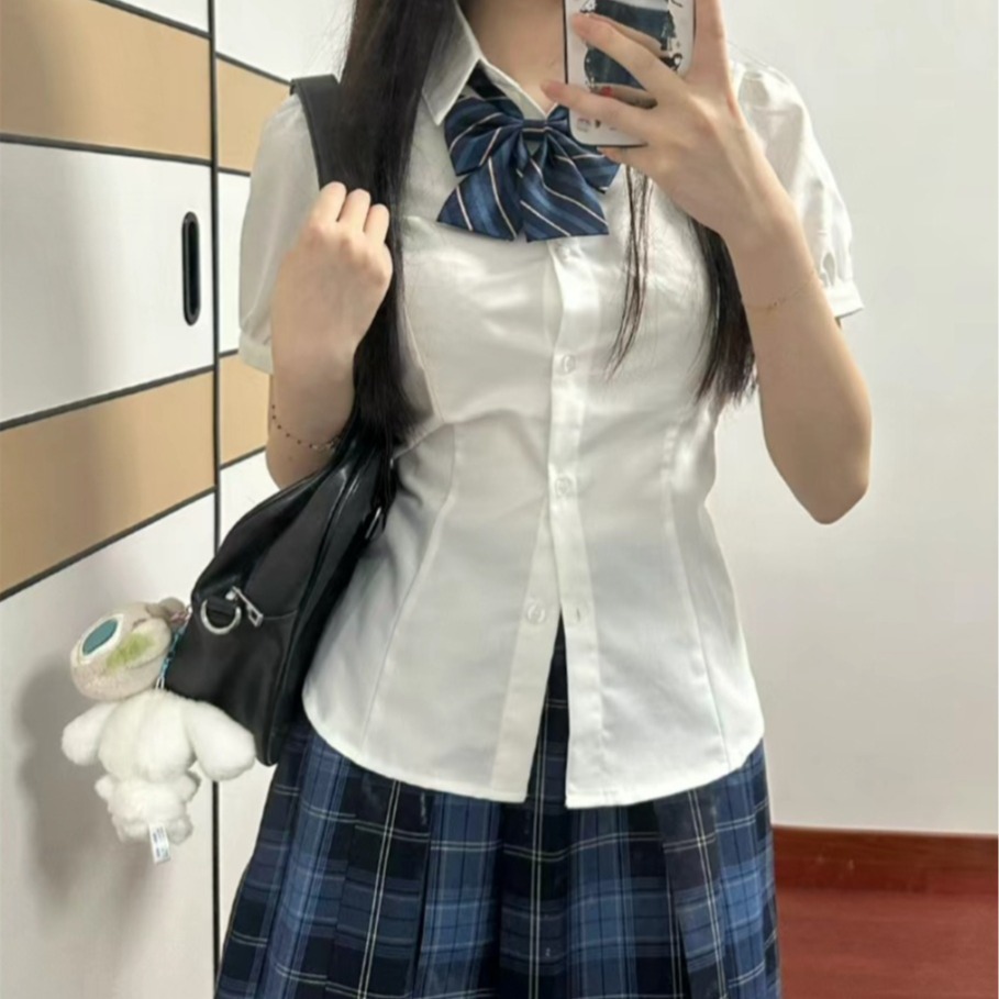 【1つ買うと10つ無料】大学スタイルのjkフルセットの完全なセットjkユニフォームスイートとスパイシーなウエストシャツストラップスリムパフスリーブシャツの女性