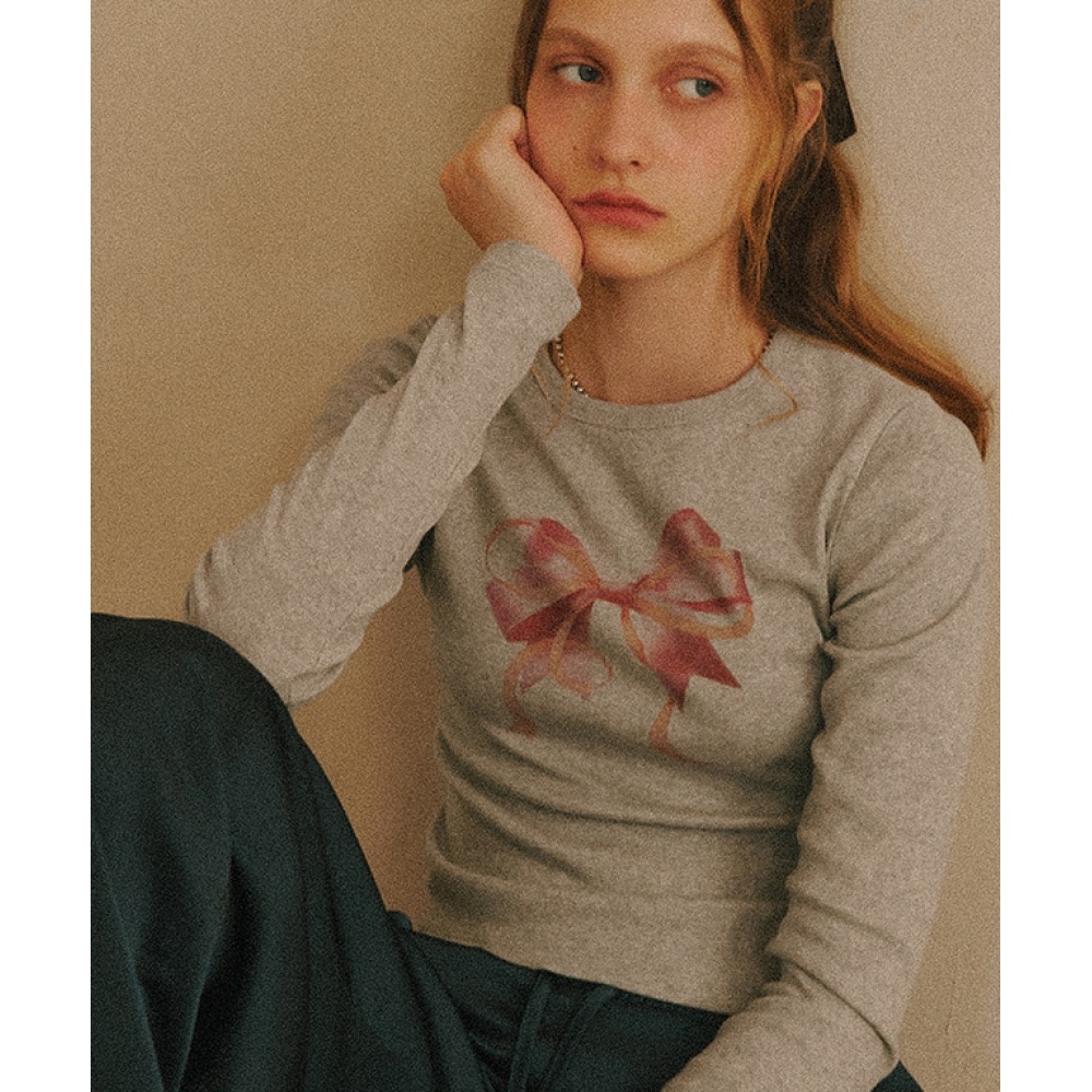 RONRON ダブルリボンスリムクロップド長袖 グレー