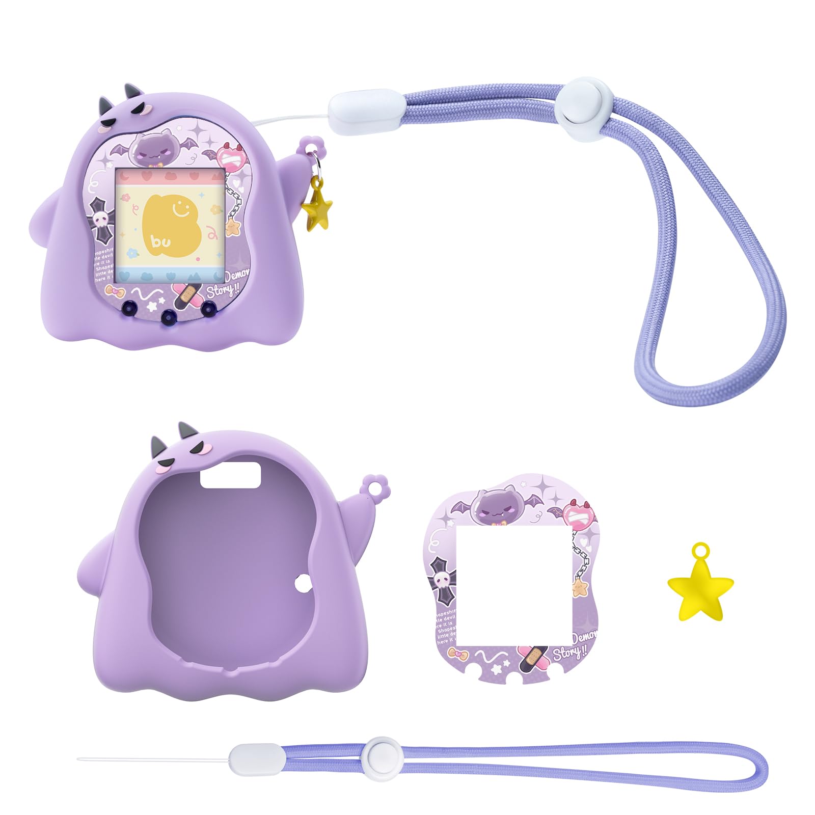 Tamagotchi Uni用シリコンケースソフトTPU保護カバー スクリーン装飾プロテクターと調節可能なリストストラップ付き - 小悪魔(パープル)