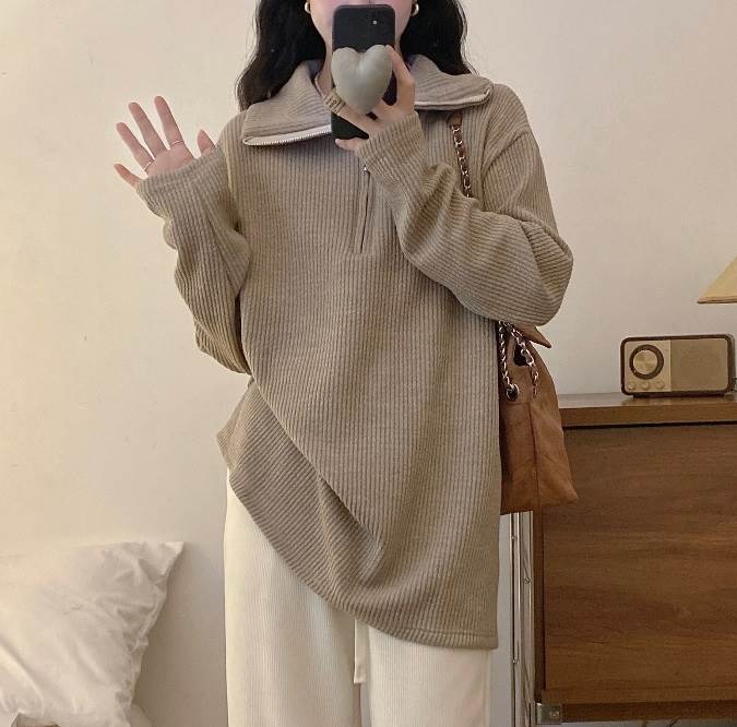 襟付き ハーフジップ リブニットセーター レディース トップス ニット セーター 丈長 長袖 ハイネック スタンドカラー ファスナー リブ リブニット かわいい 大人可愛い シンプル カジュアル おし