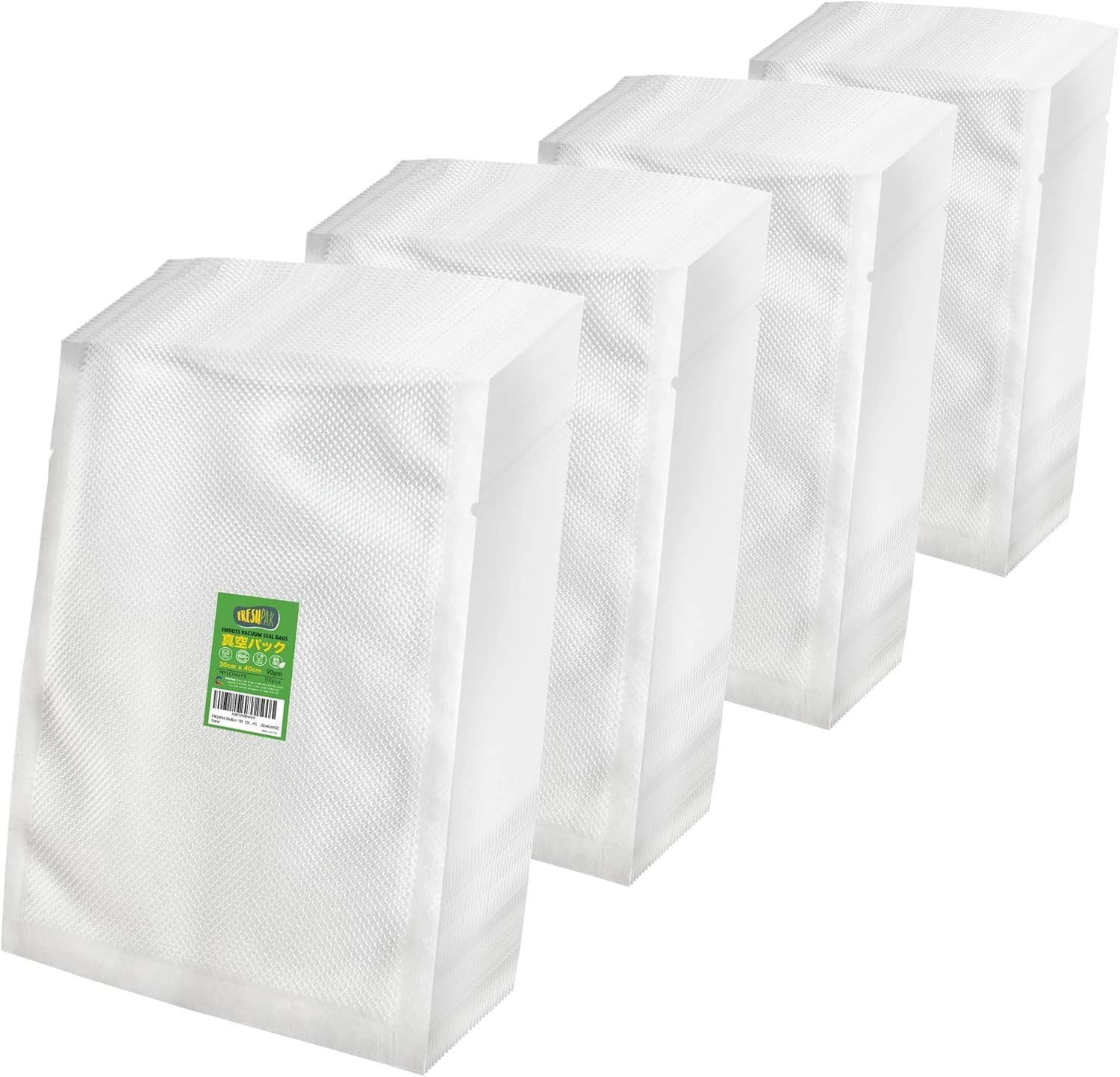 真空パック 袋 FRESHPAK エンボス加工 30x40cm (11.9x15.8) 90μ 4x100枚入り ナイロン ダイヤ カット済み 鮮度長持ち 食品保存 電子レンジ解凍 冷凍保存 [EF