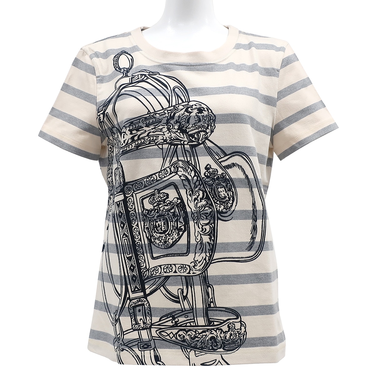 エルメス HERMES 半袖Tシャツ ストレートTシャツ コットン アイボリー×グレー×ブラック 34 【BRIDES de GALA/ブリッド ドゥ ガラ】 【中古】